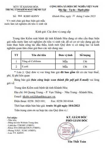 Thông báo mời chào giá thực hiện gửi mẫu nước làm xét nghiệm chỉ tiêu vi sinh vật